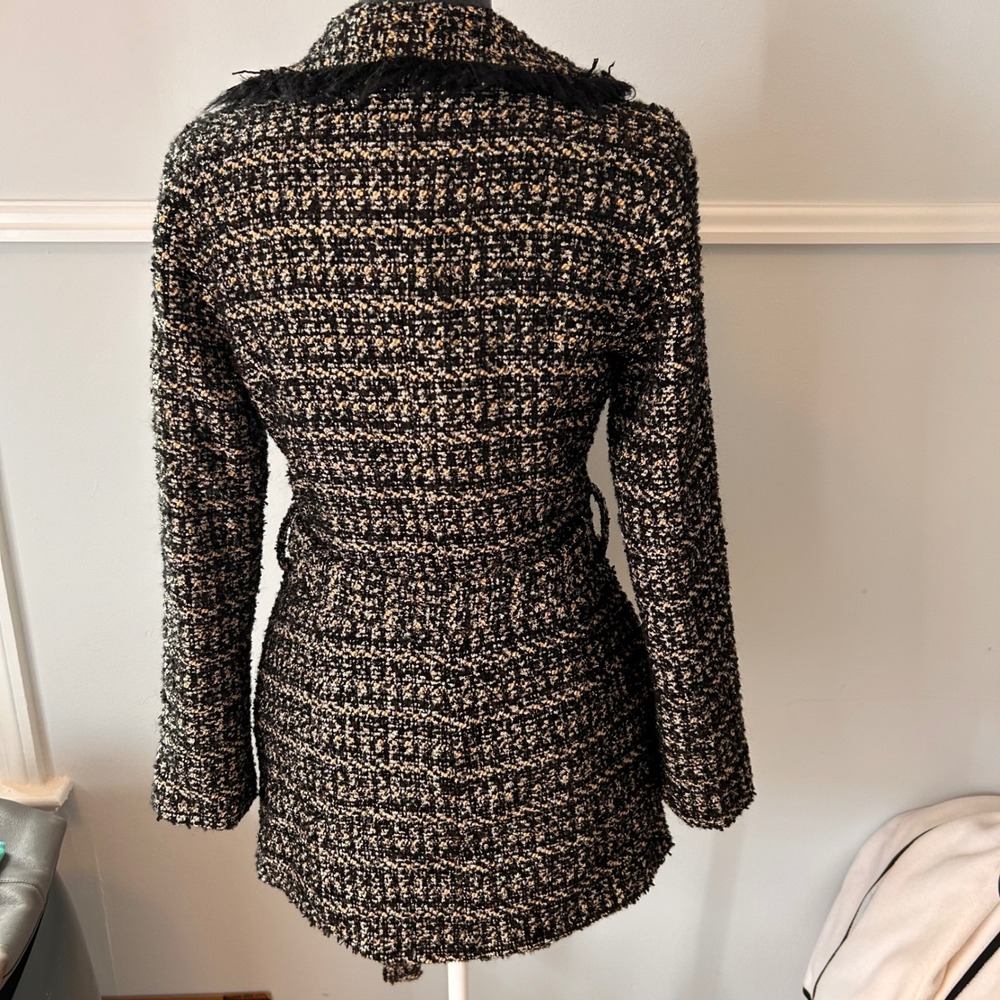 L'Agence Luba Tweed Fringe Belted Jacket Black Gold Wool Blend Size 0 - Picture 2 of 12